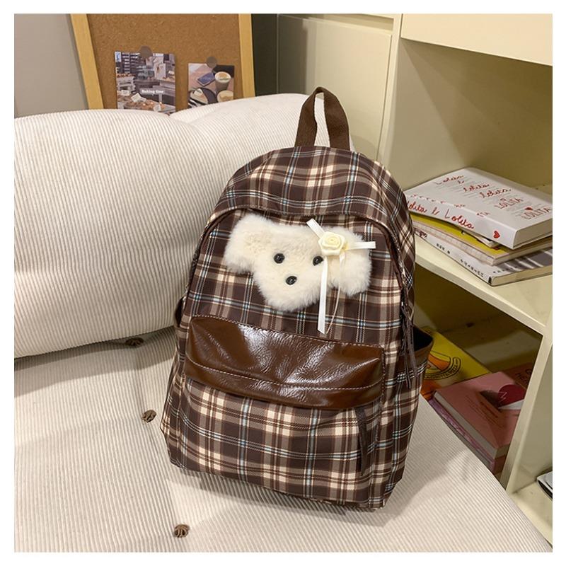 Plaid Backpack Female Retro Junior High School Students High School Students Cute Puppy Leisure Backpack.