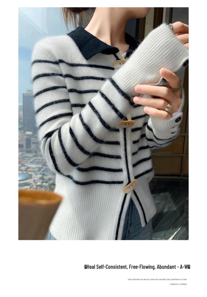 Women's Striped Cashmere Knit Cardigan with Polo Collar - Long Sleeve, Loose Fit, Warm Sweater Coat