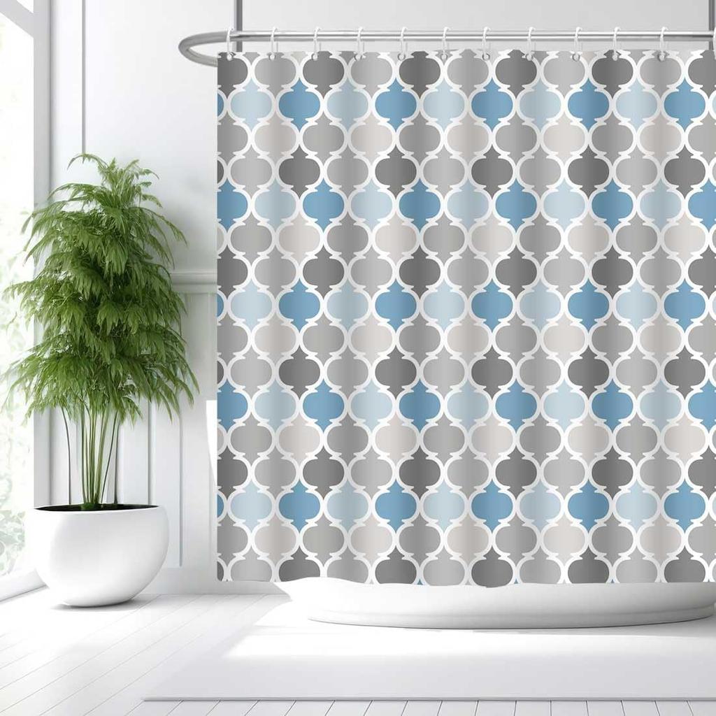 Blue and Grey Shower Curtain for Bathroom, Gray White Bohemian Chic Fabric Geometric Pattern Shower Curta for Men or Women, Teal and Grey Bohemian