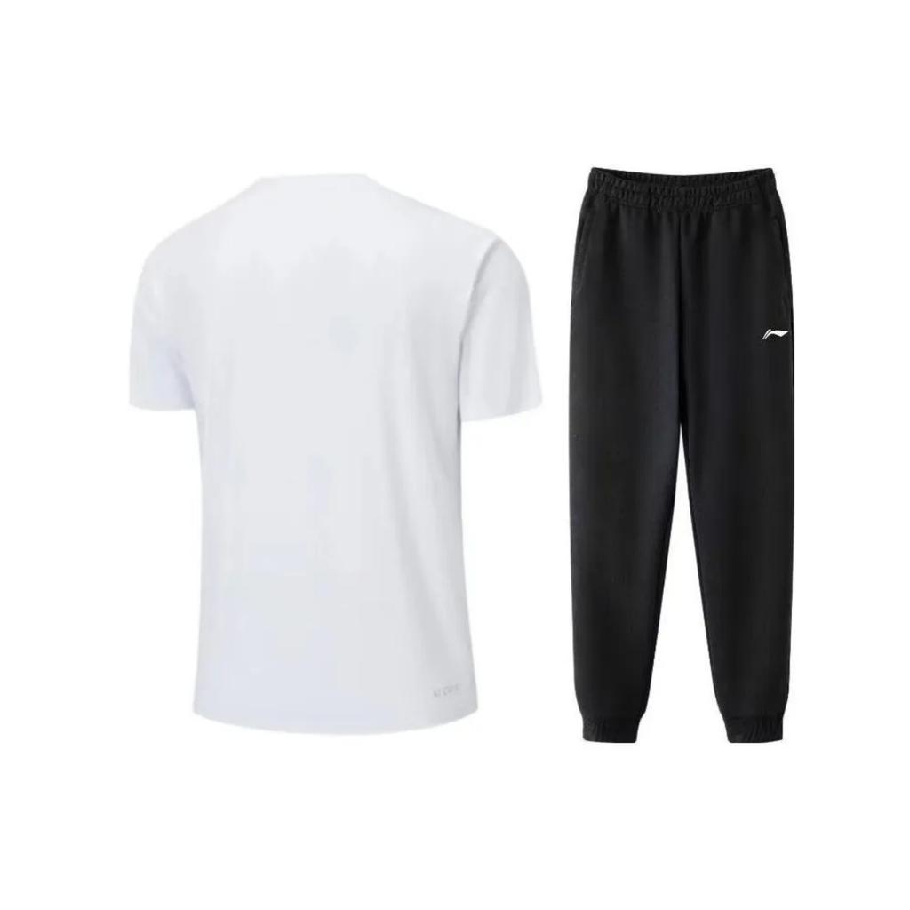 Li-Ning Solid Color Lightweight Round Neck Pullover Short Sleeve Mid Waist Elastic Long Pants Casual Sports Suit Unisex suit AHST575-0+-AKLT805-1
