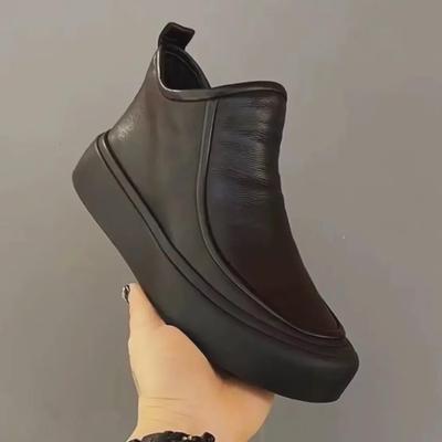 2024 Casual Men's Round Toe Leather Shoes - Cowhide with Plus Velvet and Zipper Design