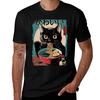 Kawaii Black Cat Eating Raunisex Cute Japanese Noodle Art Vintage Tshirt Casual Daily Wear Short Sleeve Top
