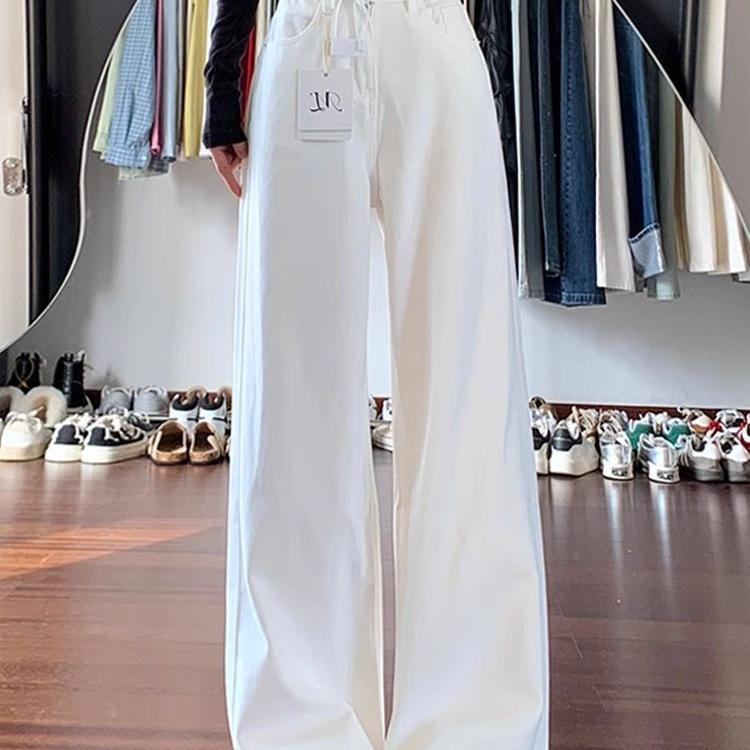 Jeans d'été blancs taille haute pour femmes - Grande taille, Coupe ample large, Longueur jusqu'au sol, Coupe droite amincissante