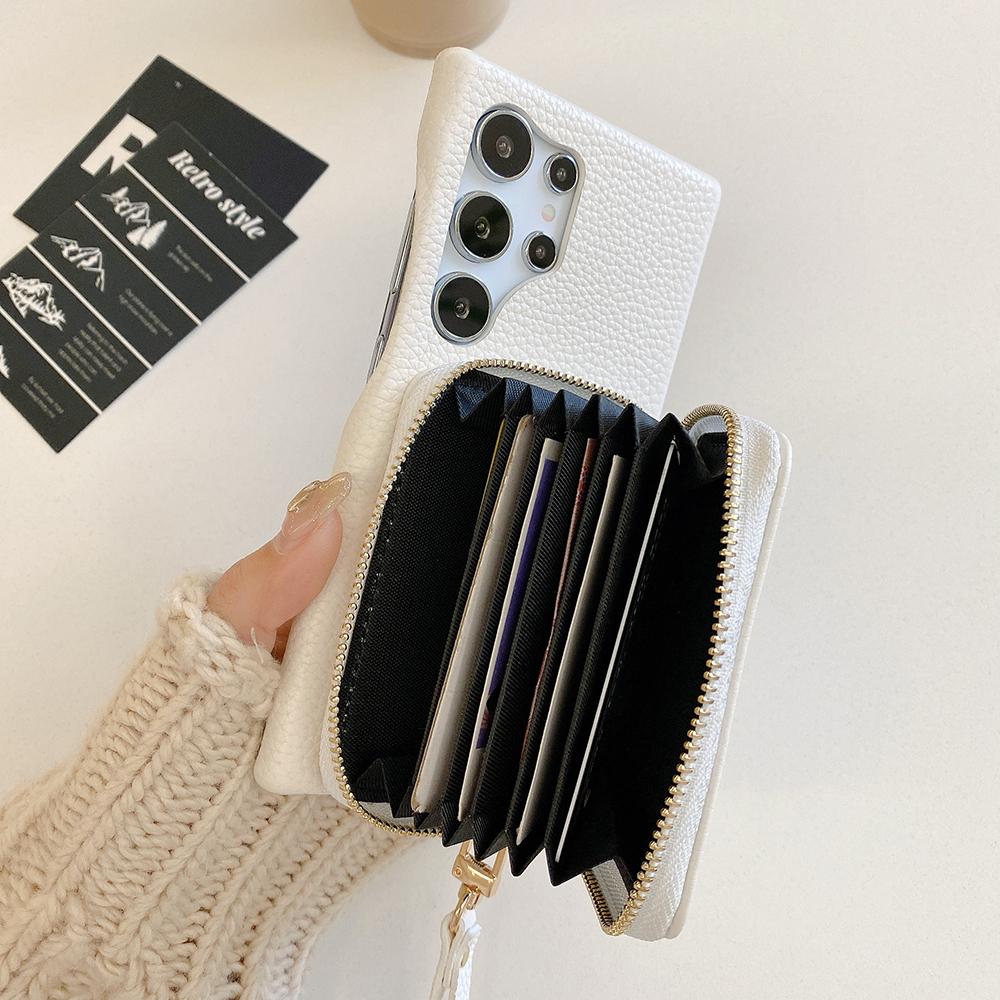For Samsung Galaxy S23 Ultra Case Zipper Card Slots PU Leather Phone Back Cover with Wrist Strap