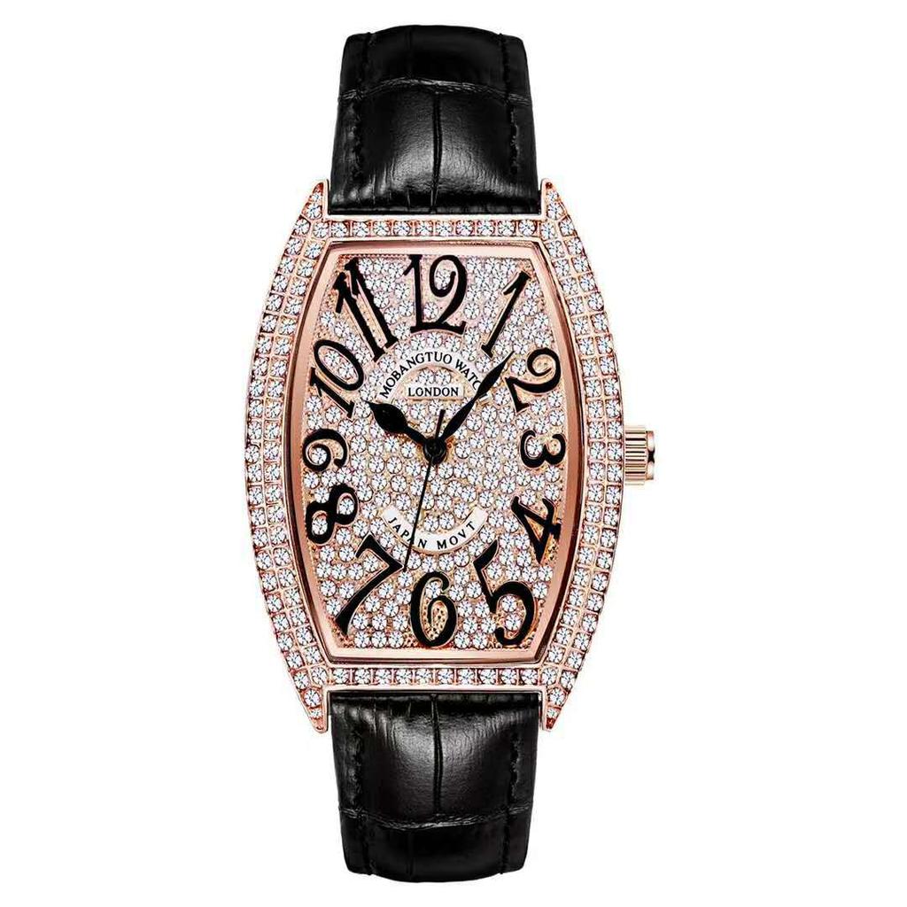 Voll Diamant Digitales Zifferblatt Mode Damen Armbanduhr Weinfass Lederarmband Studenten Trend Uhr