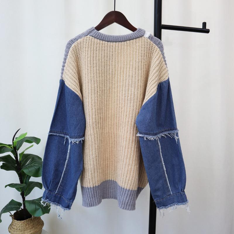 Denim Sleeves Splicing Design Sweater Pullover Women's Autumn and Winter New Loose Lazy Wind Knitted Sweater Top