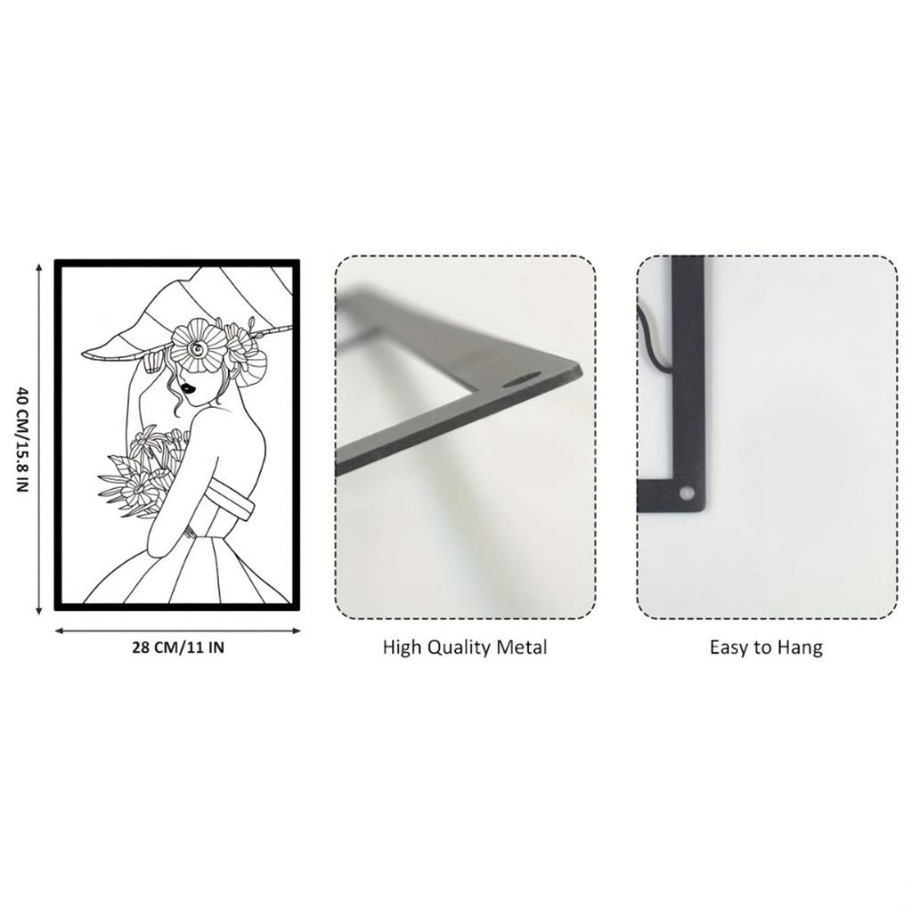 Vintage Lady Metal Wall Art - Modern Black and Gold Drawing | Minimalist Abstract Female Single Line Art for Home Decor