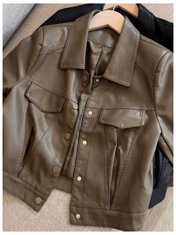 Women's Petite High-Waisted Short Leather Jacket for Autumn/Winter 2025: New Arrival Lapel Motorcycle Outerwear