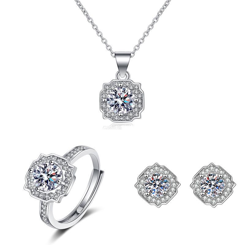 925 Sterling Silver Fashion Light Luxury Petal Styling Zircon Necklace Earrings Ring Set Birthday Party Anniversary Gift