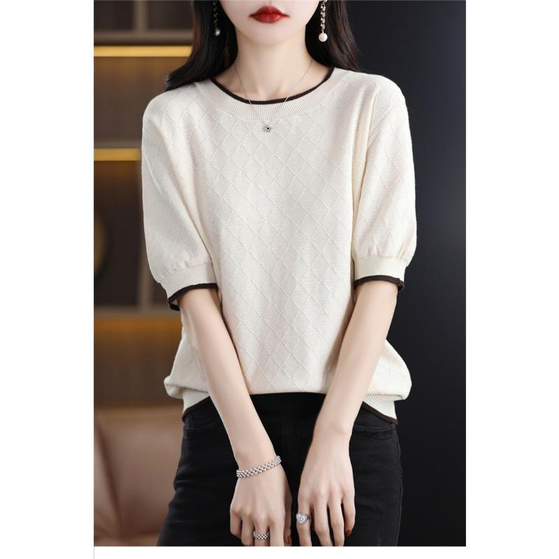 Cotton Thread Pullover Women Short Sleeved Round Neck T-shirt Color Blocked Diamond Shape Thin Knit Bottoming Shirt Simple Casual Commut Spring Autumn
