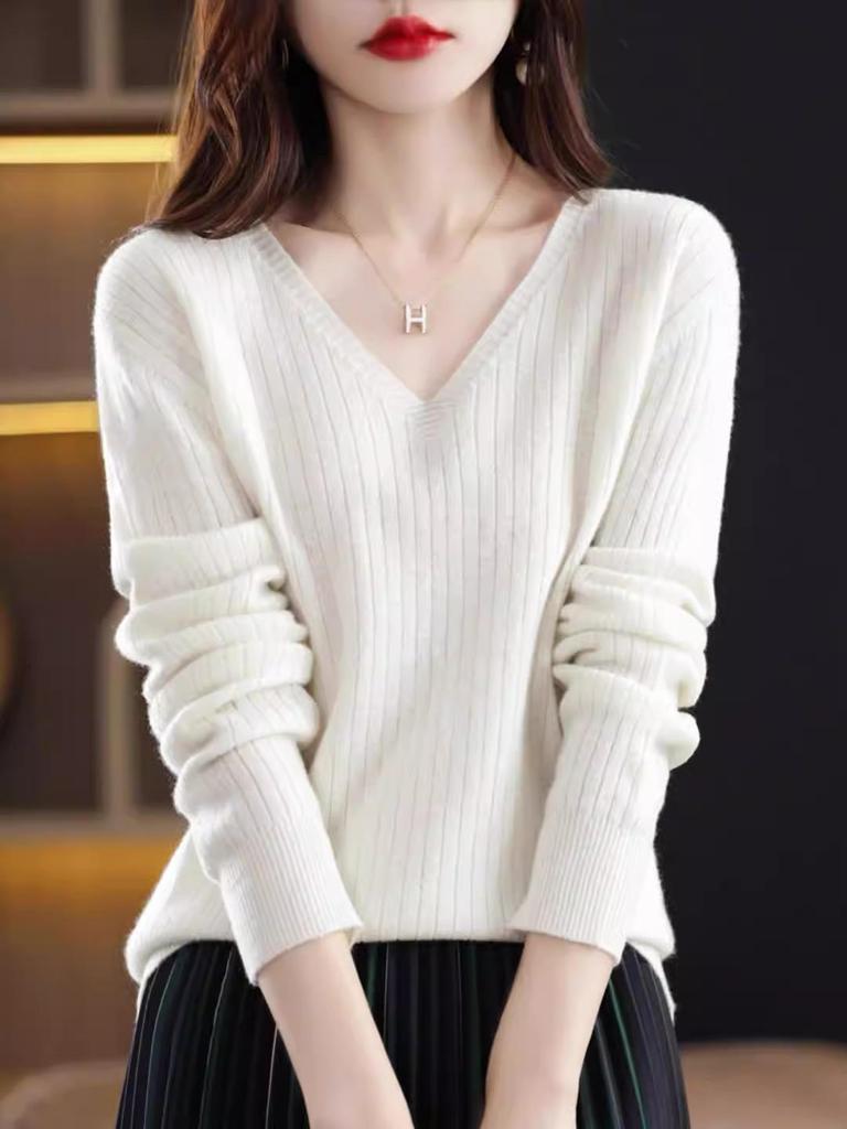 Dámský lehký pletený svetr s dlouhým rukávem s výstřihem do V – nový styl jaro/podzim, jednobarevný svetr.