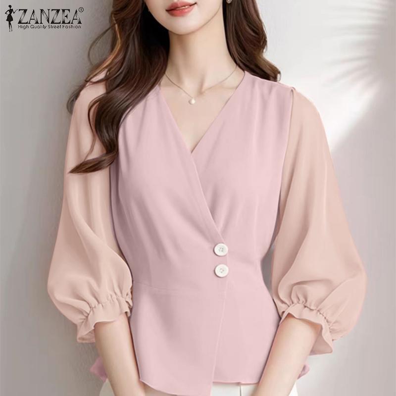 ZANZEA Lässige Bluse mit V-Ausschnitt und langen Ärmeln für Damen in Volltonfarbe