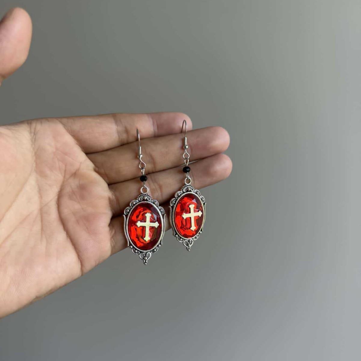 

Gothic Cross Earrings, Red Pendant, Silver Dangle Earrings, Alternative Fashion Religious Jewelry