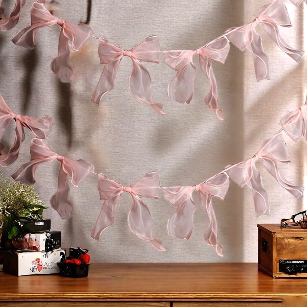 1 String of 12pcs Tulle Bow Garland Pink Bowknot Banner Garlands for Decoration Ribbon Garland Party Banner for
