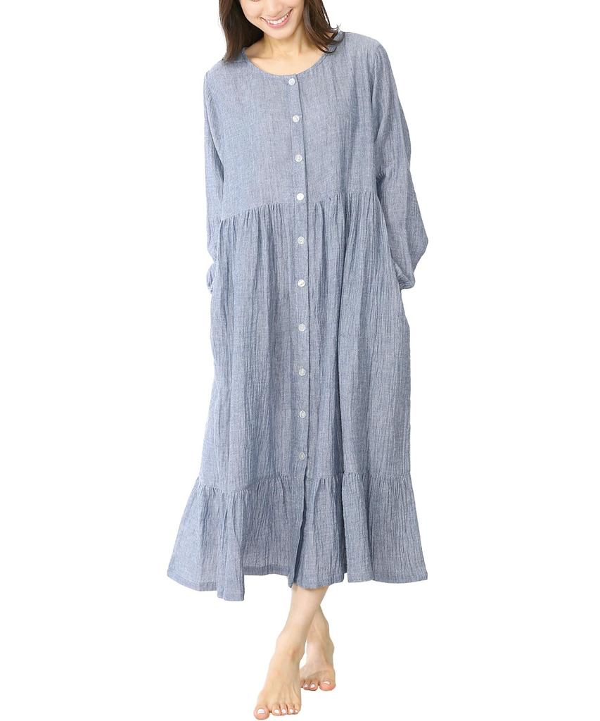 Nishiki Maternity Long Double Open Long Nursing Nightgown Size Pajamas, Sleeves, 100% Cotton, Gauze, Skin-Friendly, Front, Length, Wear, (Light Navy