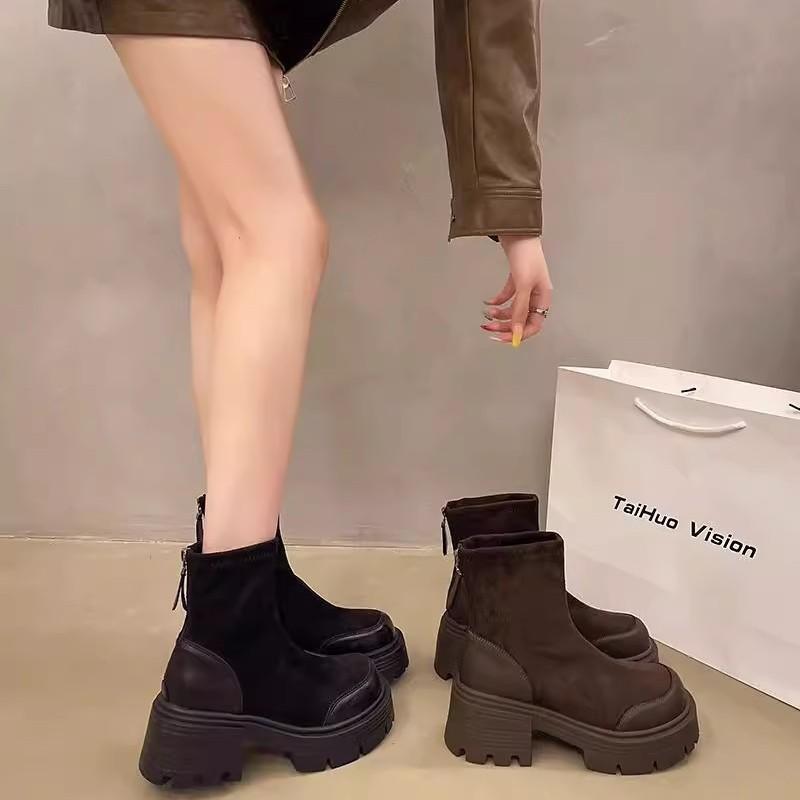 Designer Platform Winter Boots Women Zip Open Cozy Flock Ankle Booties Thick Bottom High Heels Botas Mujer Leather Botines