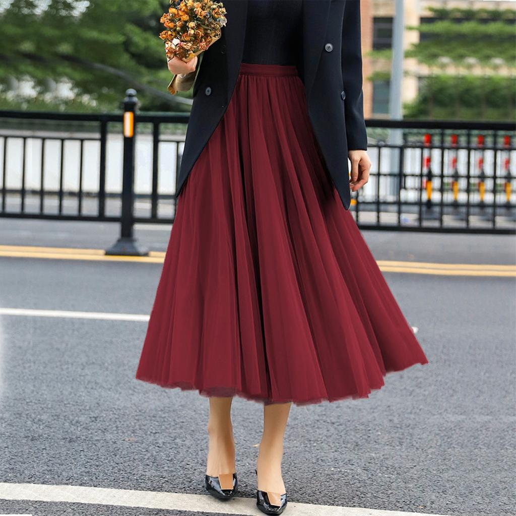 Women's Fashionable Color Loose Mesh Skirt, Elastic High Waist Large Swing Skirt, Pleated Skirt
