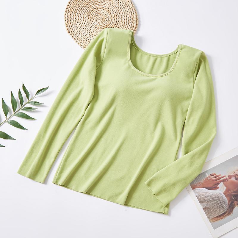 

Женский бесшовный термотоп из немецкого бархата — длинный рукав, круглый вырез с фиксированной нагрудной накладкой, большой размер. L зелёный