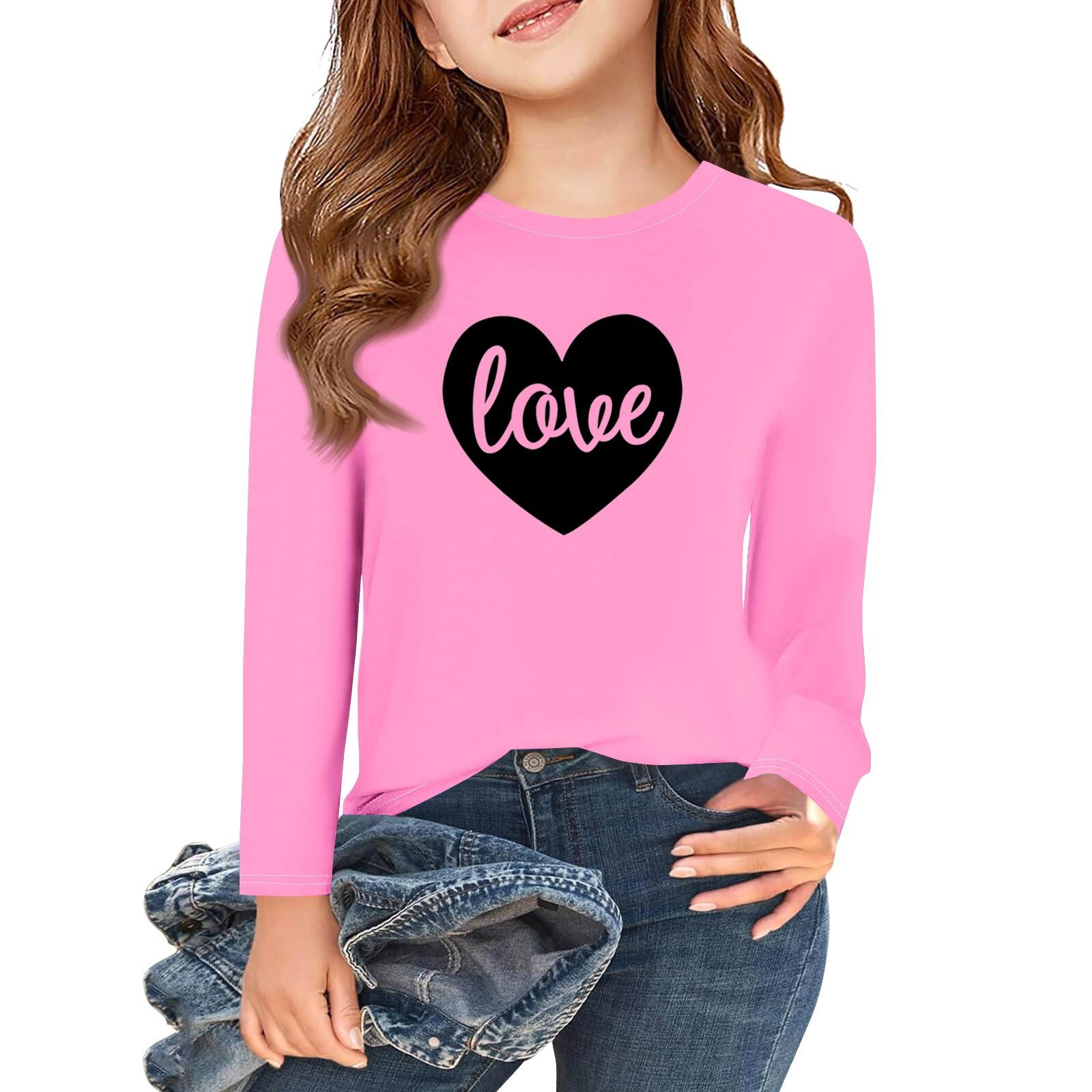 

Футболки с длинным рукавом для девочек Love ко Дню святого Валентина, детские осенние топы с круглым вырезом, базовые футболки для детей 5-14 лет 120