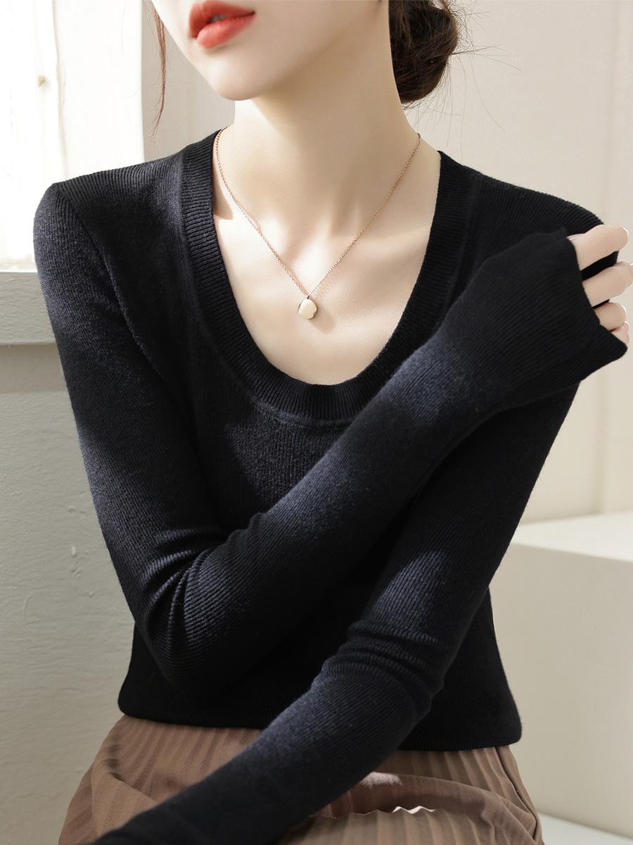 

Solid color basic bottom top women s spring new U-neck slim-fitting long-sleeved T-shirt knitted sweater L чёрный