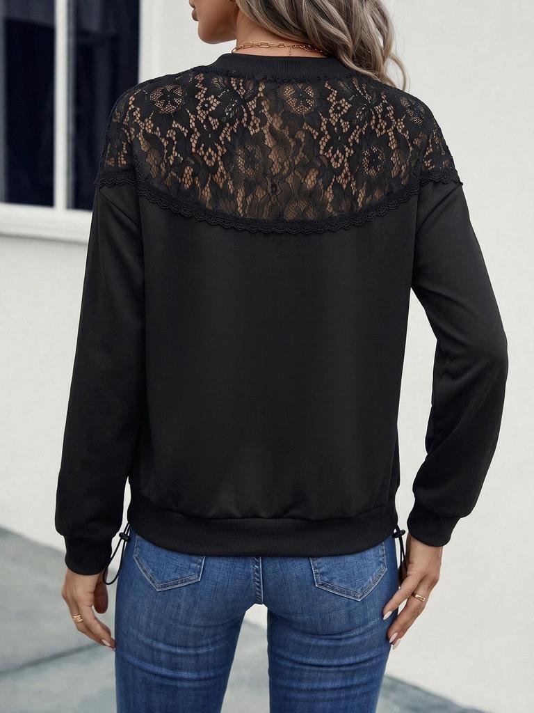 2026 Autumn/Winter Women's Casual Lace Patchwork Pullover Hoodie