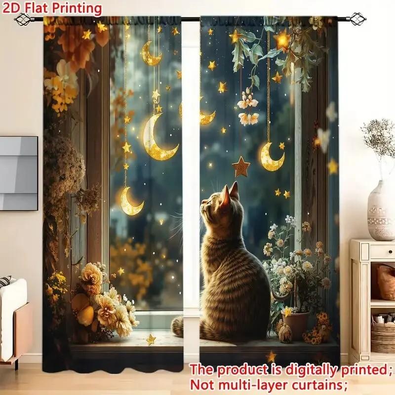 Floral Moon Cat Printed Curtain Window Drapes Bedroom Living Room Decor Polyester Set Of 2 Made With Rod Pocket Washable Great Ready