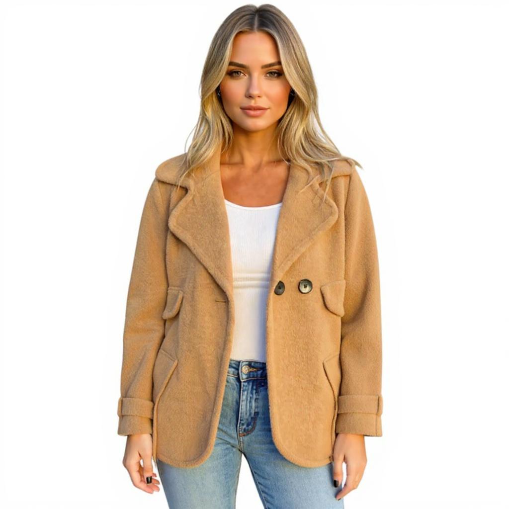 Women's Fashionable Solid Color Long Sleeved Casual Lapel Button Down Woolen Coat