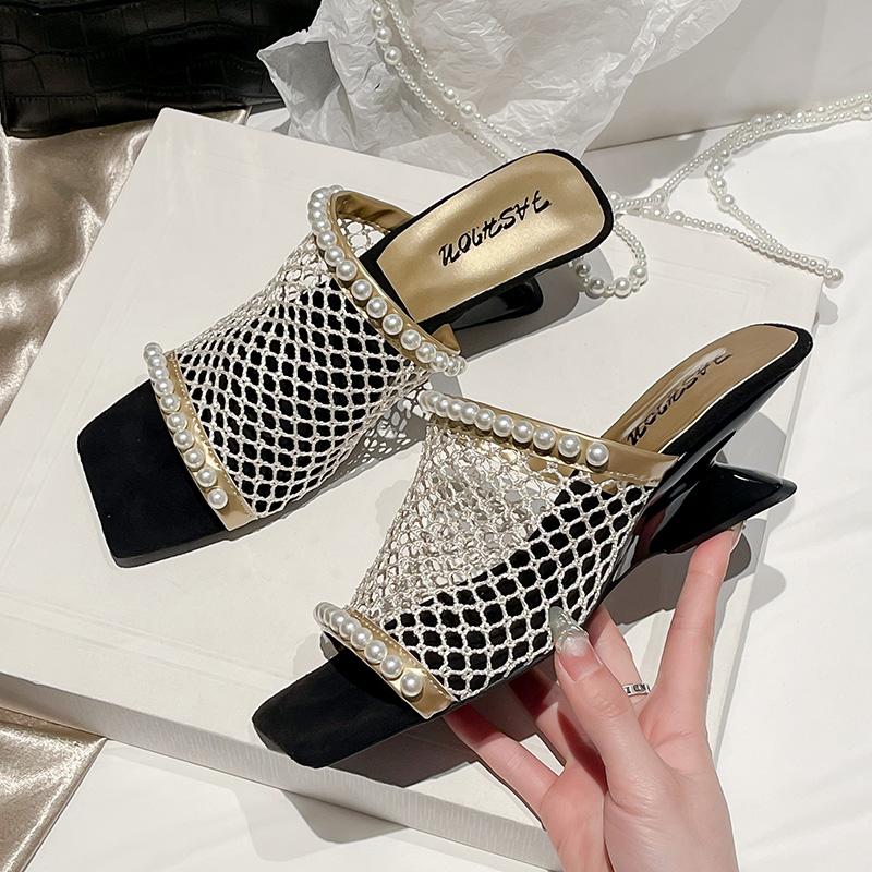 Fashion Mesh Fashion Slippers Women's Pearl Decoration Elegant Square Toe Women's Shoes 2025 Summer New High Heels Dress Pump Sandals