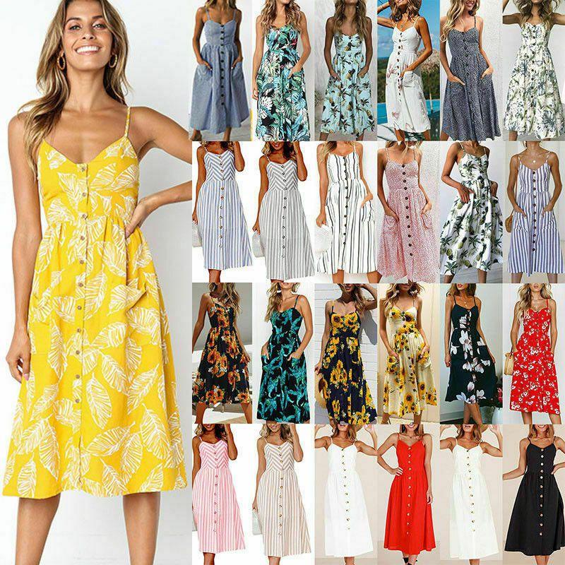 Stylish Boho Women's Summer Beach Midi Dress With Strappy Design And Button Pockets