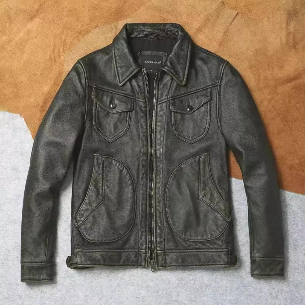 Chinese Size Vintage Olive Green Genuine Cowhide Men Leather Jacket Autumn Turn Down Collar Real Leather Coat