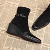 Paneled Booties Vintage Square Toe Suede Side Zipper Soft Sole Non-Slip Wear-Resistant Wedge