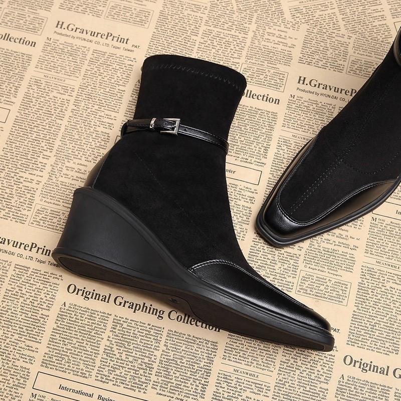 Paneled Booties Vintage Square Toe Suede Side Zipper Soft Sole Non-Slip Wear-Resistant Wedge