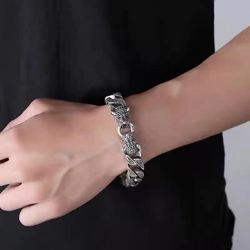 Vintage Thai Silver Double Leopard Men's Bracelet Personality Domineering Handwoven Leopard Old Hip Hop Trend Bracelet
