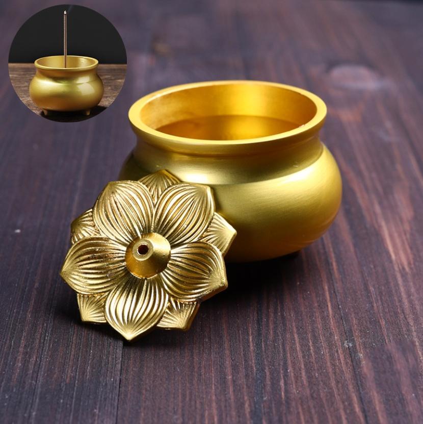 Pure Copper Gold Lotus Flower Incense Burner Mini Small Incense Stick Holder Aromatherapy Censer for Temple Teahouse Home Decor