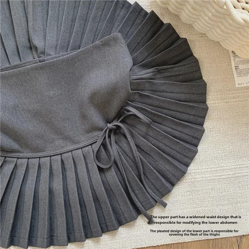 Gray High-Waist Pleated Lace A-Line Skirt - 2024 Design, Slim Fit, Short Length
