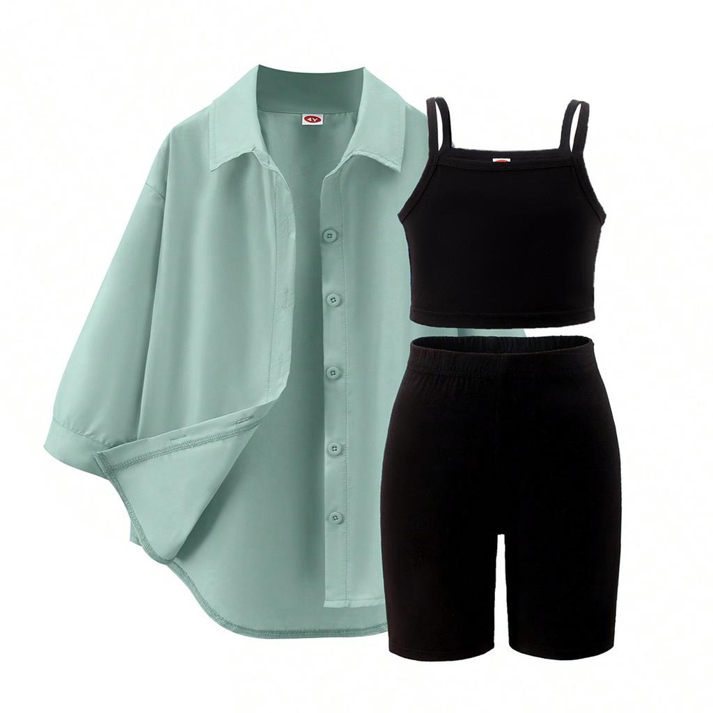 Girls' Leisure Suit Spring and Autumn Children's Solid Color Suspenders + Quarter Pants + Long Sleeve Jacket Three-piece Set