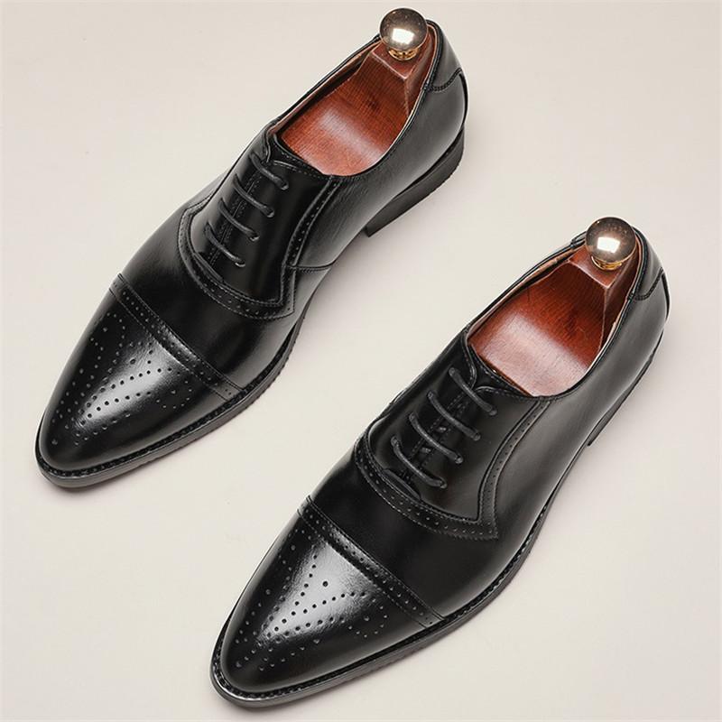 New Men's Pointed White Black Brown Mixed Brogues Leather Shoes Italian Gentleman Wedding Dress Formal Party Business Footwear