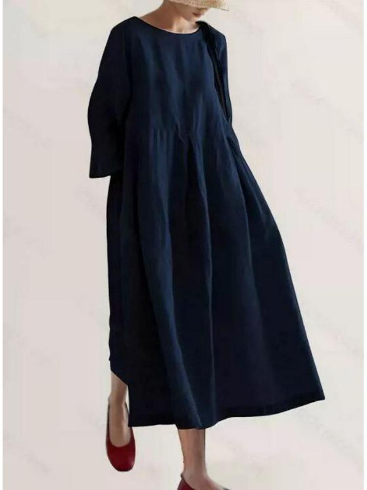 Vestito Oversize Stile Giapponese Coreano Cotone Lino Pullover Girocollo Monocolore Lunghezza al Ginocchio Gonna Svasata