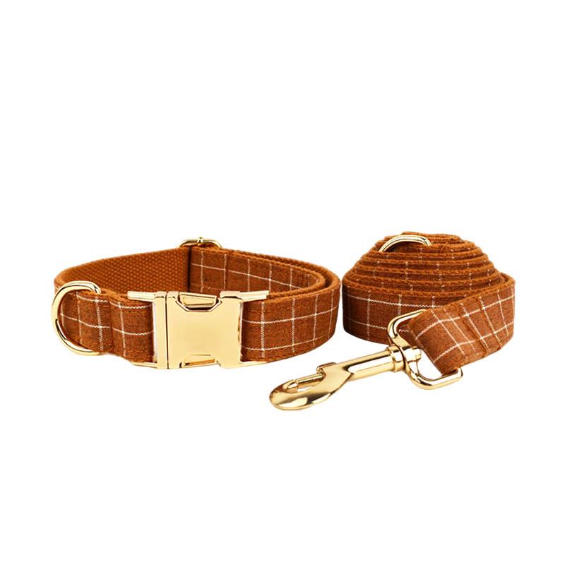 Large Brown Plaid Dog Collar and Leash with Custom Engraving XS