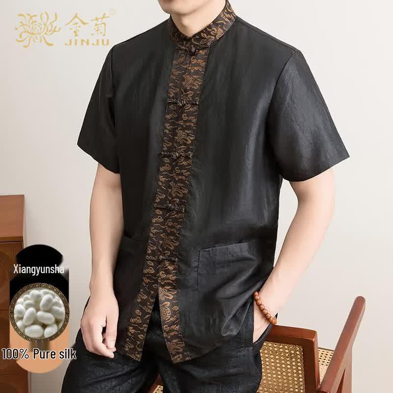 

Men s Xiangyun Yarn 100% Mulberry Silk Short-Sleeve Tang Suit Shirt 4XL