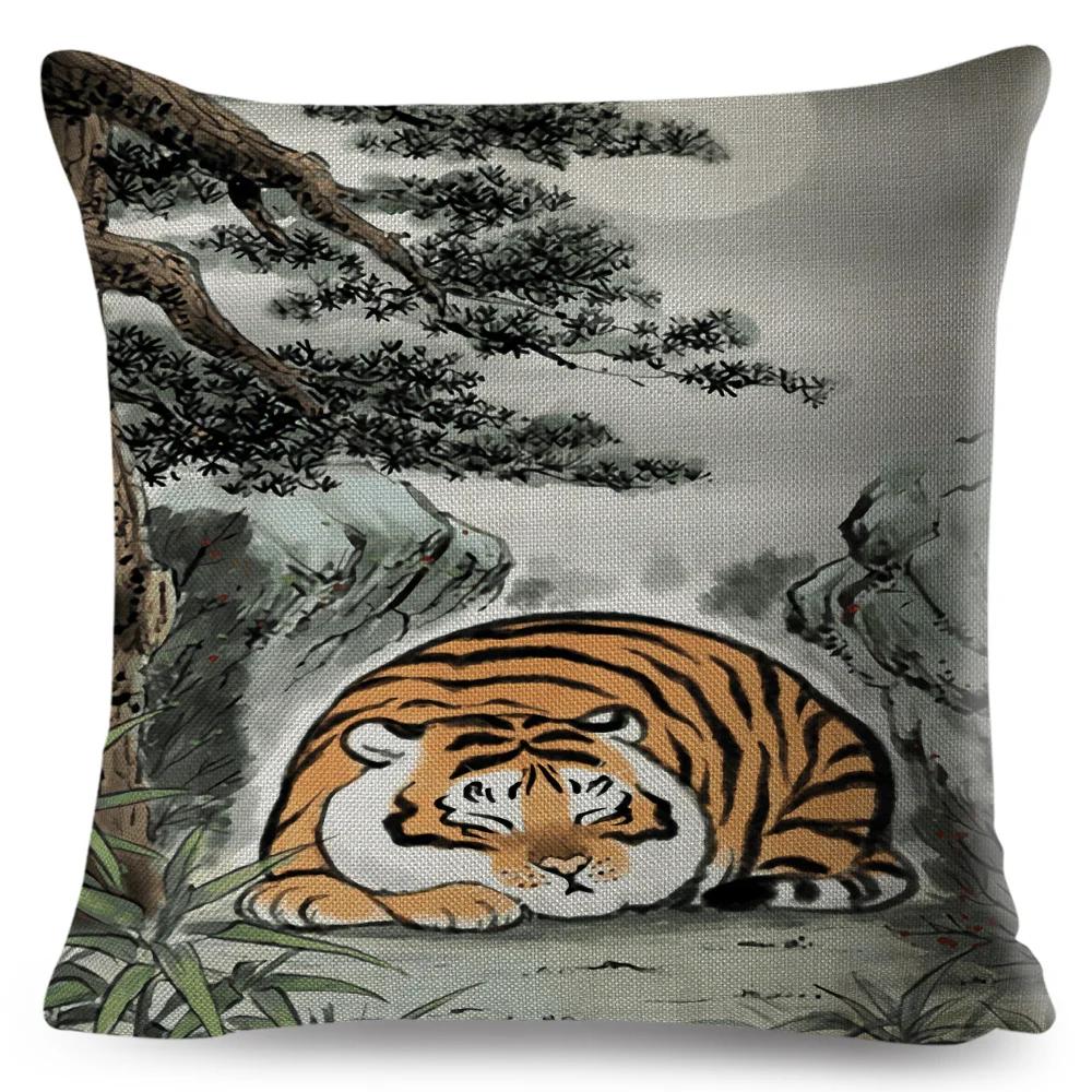 Funny Fat Tiger Cushion Cover Decor Cute Cartoon Animal Pillow Case for Sofa Home Car Linen Chinese Ink Throw Pillowcase