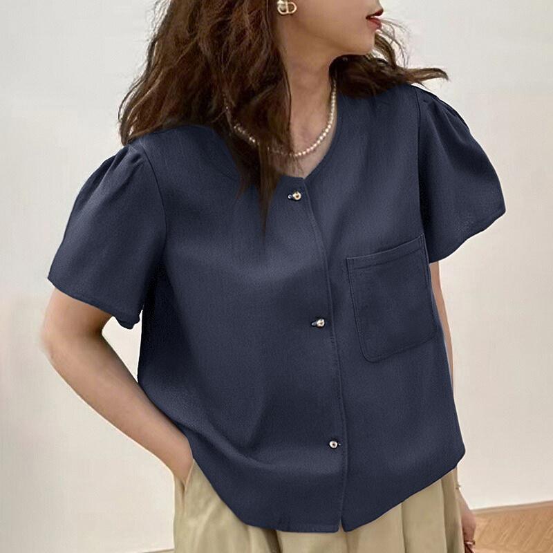 ZANZEA Women Casual Round Neck Button Short Sleeve Blouse