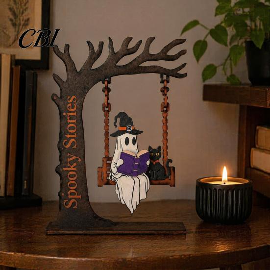 Kantoorbureau Decoratie Items Halloween Desktop Schommel Decor, Spookachtige Huis Lezen Geest op Een Beeldje Uniek Houtbewerking Cadeaus voor Woonkamer Keuken