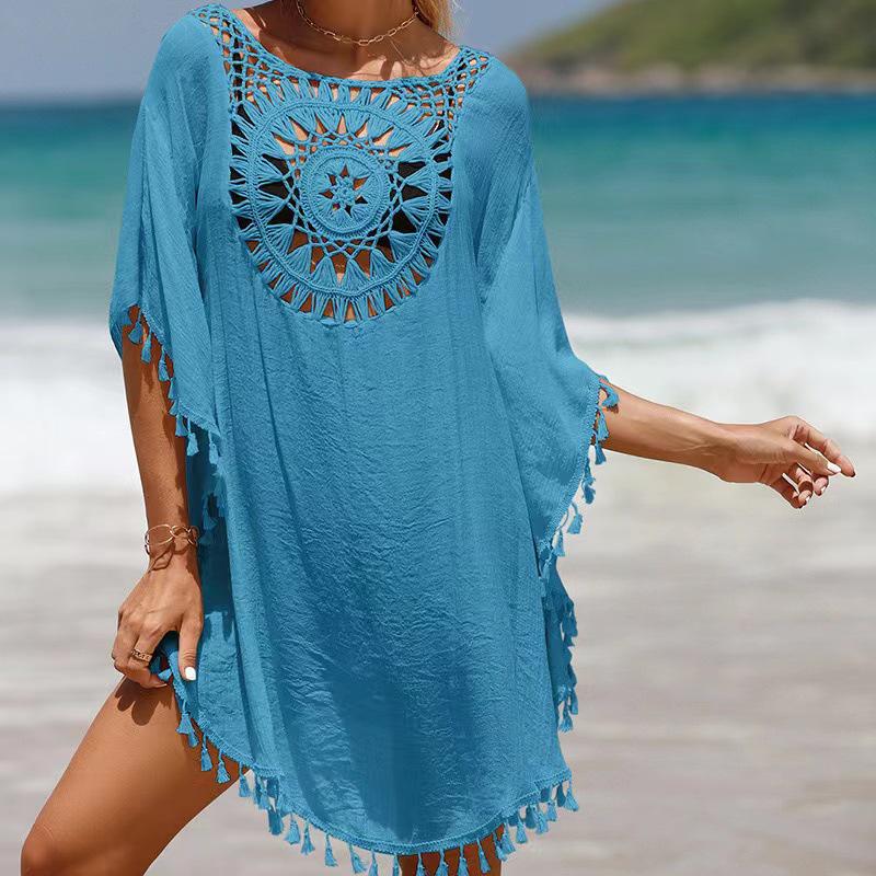 2021 Plus Size Off-Shoulder Tassel Cutout Beach Cover-up