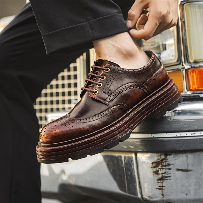 Fashion Men Luxury Fashion Wedding Party Dress Carving Brogue Shoes Brown Original Leather Derby Shoe  Designer Platform Footwear