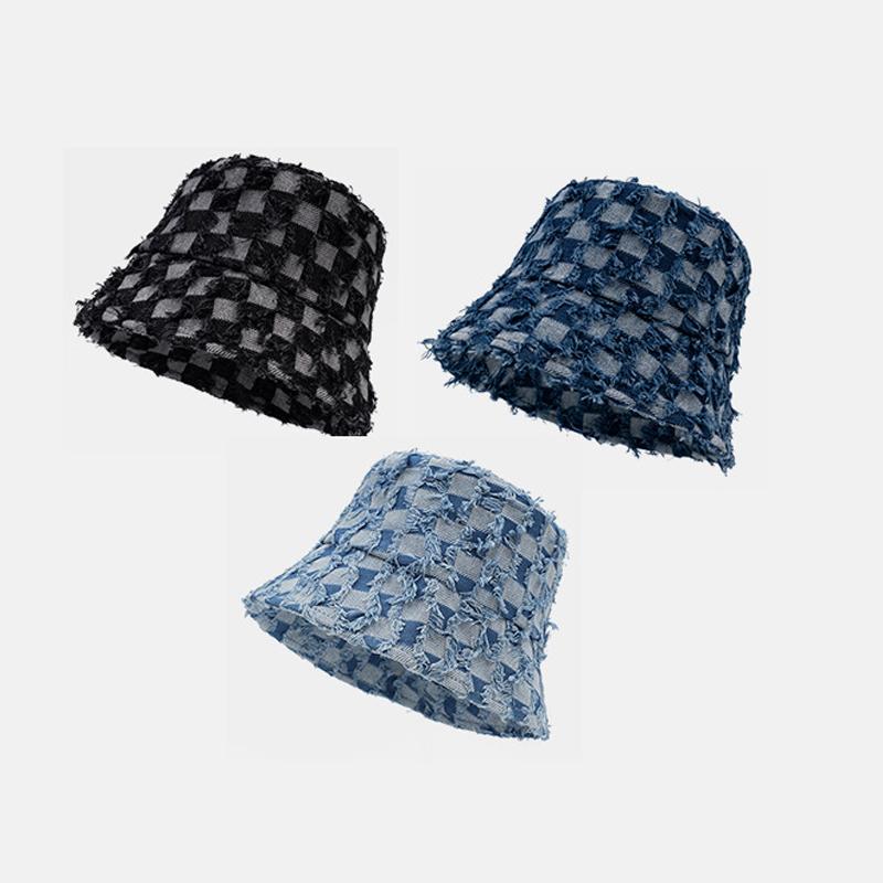 Checkerboard Fisherman Hat Women's Autumn Winter Foldable Denim Basin Hat Plaid Bucket Hat