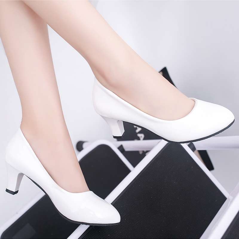 Spring and Autumn Versatile Single Shoes Women's High Heels Black and White Work Shoes High Heels Medium Heel Bow Women's Thick Heels Women's Shoes