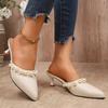 Elegant Pearl Pointed Toe High Heel White Mules Slippers Women  Spring  Leather Slip On Sandals Woman's Summers Shoes