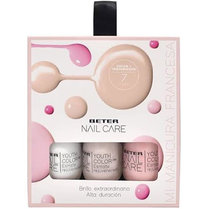 Vernis à ongle - BETER - Set de 3 pour Manucure Française - Renforçant - Couleurs Beige, Blanc, Rose