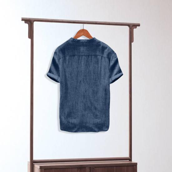 Short Sleeve Beach Shirt Stand Collar Men Solid Color Slim Fit Casual Shirt Streetwear